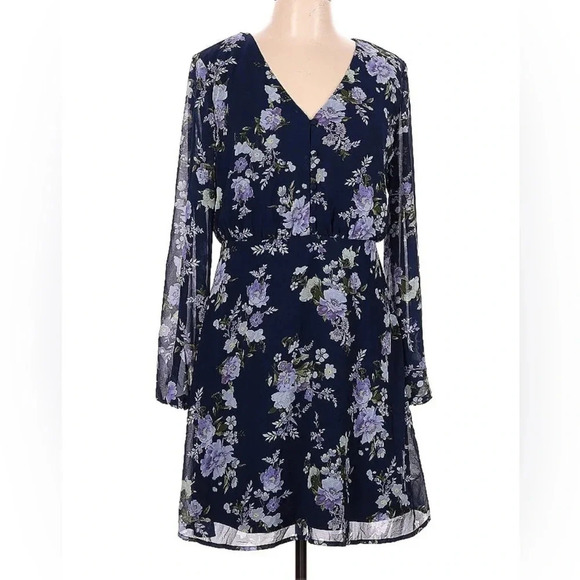 NWT Mason & Belle Floral Sheer Sleeve Blue Lined Mini Dress Size Small - Picture 1 of 12